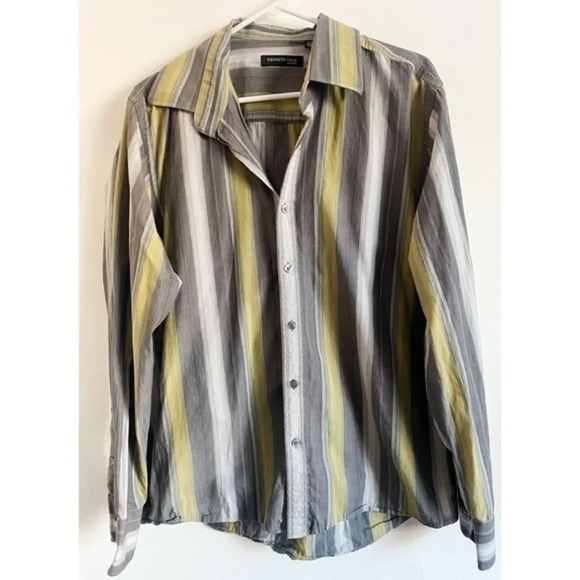 Kenneth Cole - Grey Yellow Vertical Striped Button Down Shirt - Picture 1 of 5